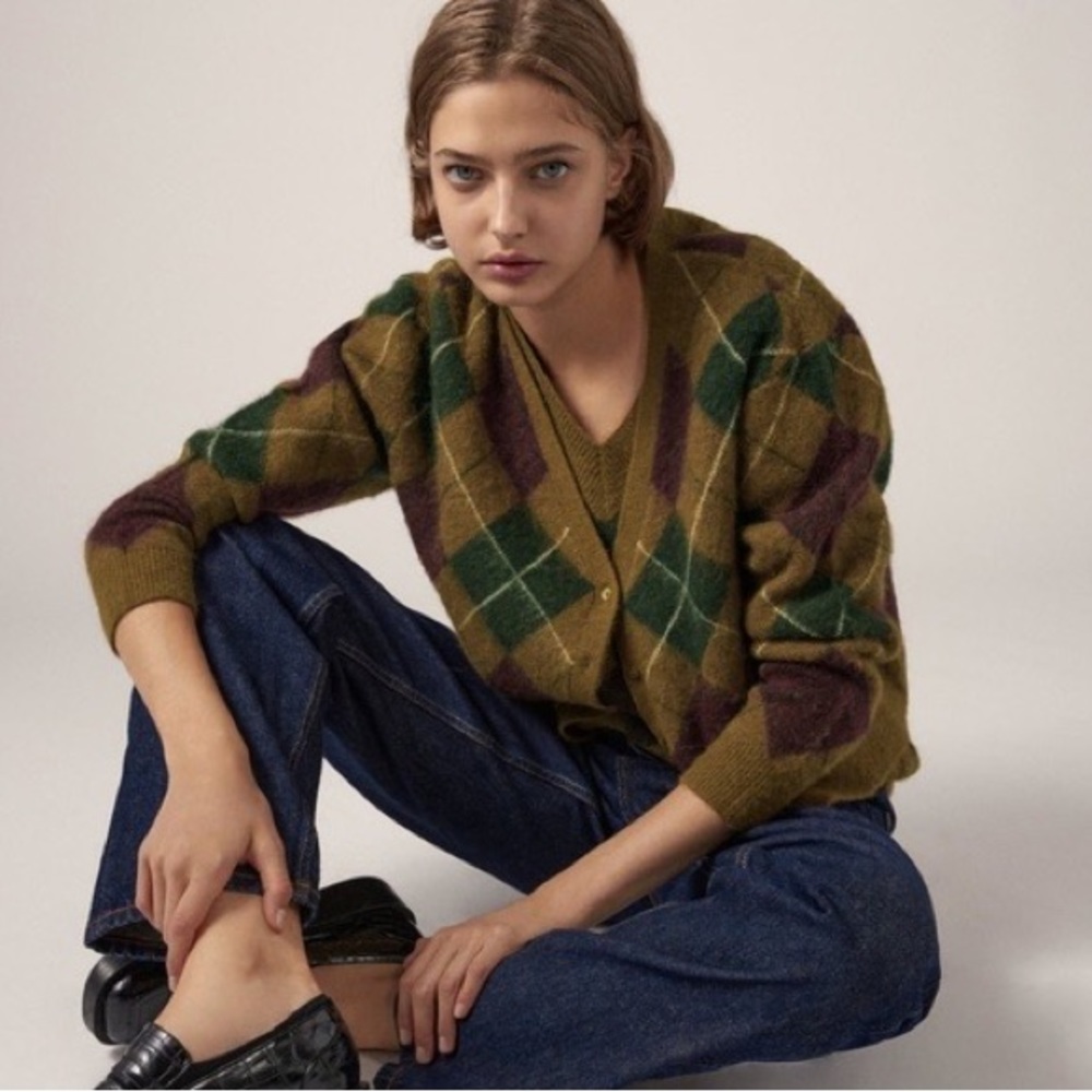 Zara Argyle Alpaca/ Wool Blend Fuzzy Knit Cardigan Green/Brown size Small